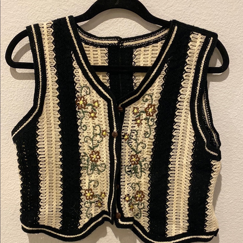 Black and Cream Crochet Vest with Floral Embroidery